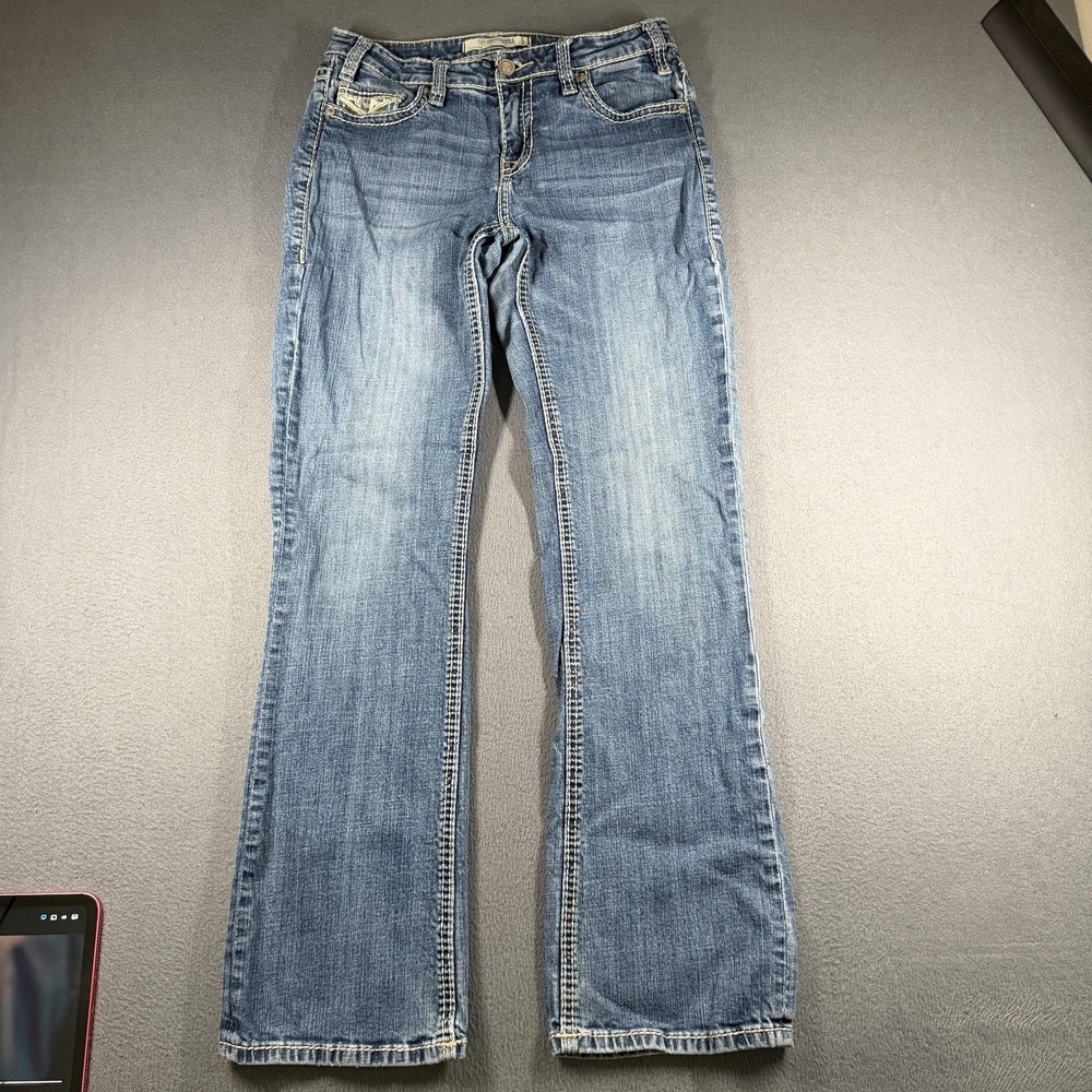 Rock & Roll Denim Bootcut Jeans Womens 26x32 Blue Mid Rise Stretch Embroidered